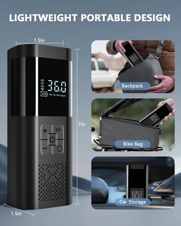 SERVOMASTER Електрична повітряна помпа з манометром, портативний міні-компресор, акумулятор 150PSI, LED-підсвічування, для авто, мотоцикла, велосипеда, м'ячів (чорний, сірий, бездротовий)