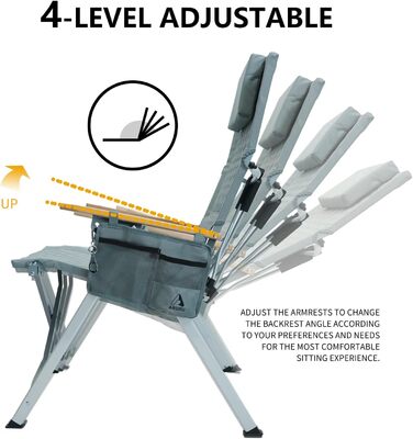 Крісло для кемпінгу складне, з регульованою спинкою в 4 положеннях, до 150 кг, з підстаканником та бічною кишенею, для риболовлі, відпочинку на природі, саду, балкону (Цянь)