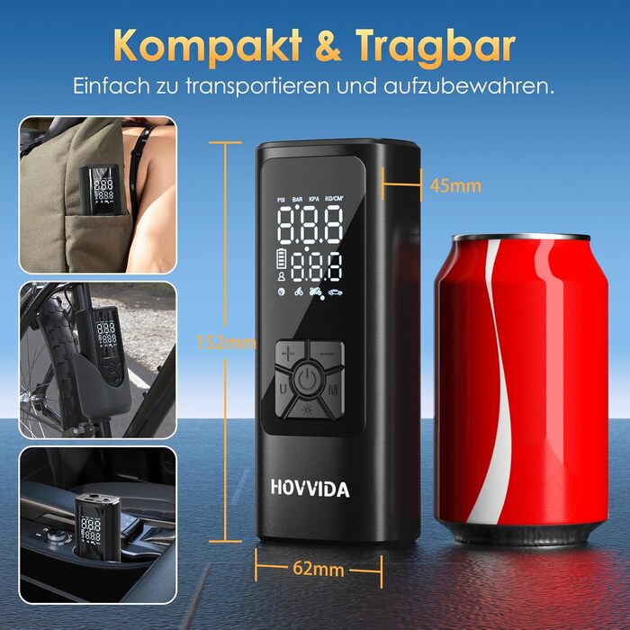 Електричний портативний компресор HOVVIDA 150 PSI 5200 мА·г, бездротовий, для авто, мотоцикла, велосипеда, м'ячів, LED, авто-відключення