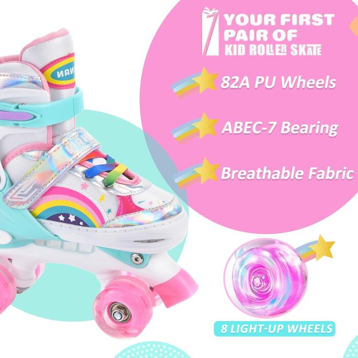 Ролики для дівчаток ERNAN регульовані, LED, для підлітків та початківців. 4 розміри, рожевий колір