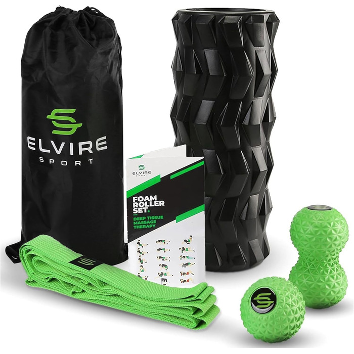 Масажний набір ELVIRE Physio Edition: поролоновий ролик, овальний масажер, стрейч-стрічки, для глибокого масажу м'язів, зелений