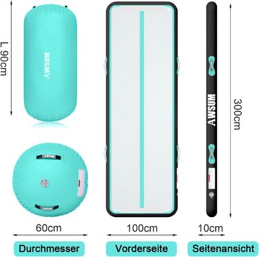 AWSUM Гімнастичний надувний мат для гімнастики з повітряним трекінгом, надувний, 300x100x10 см та 100x60 см, м'ятно-зелений+чорний, з насосом