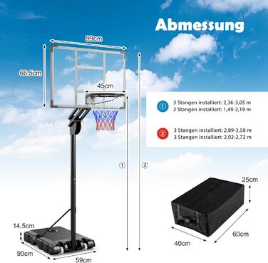 Баскетбольне кільце Gymax вуличне, регульована висота 204-358 см, стійка на колесах, з утяжеленою основою, для підлітків та дорослих 236-305 см