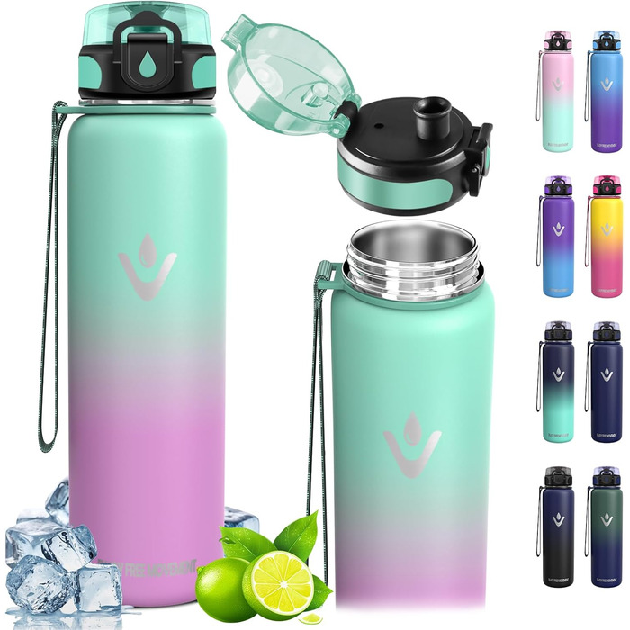 Термос-пляшка Vikaster 500 мл: нержавіюча сталь, без BPA, не протікає, для спорту, велосипеда, подорожей та фітнесу. Чорний & винно-червоний (500 мл, блакитно-зелений & світло-рожевий)