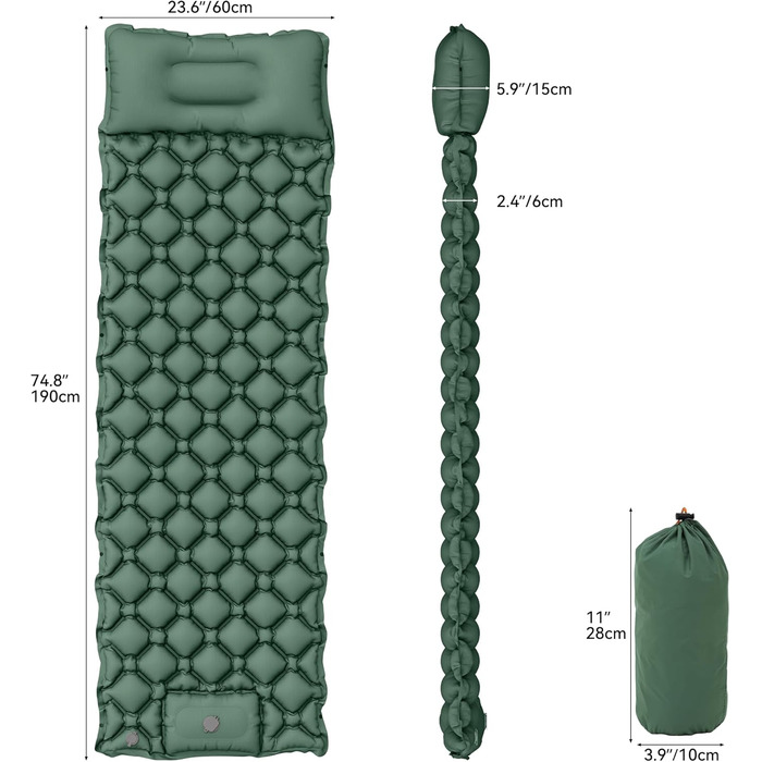 Килимок для кемпінгу YITAHOME самонадувний, ультралегкий, з вбудованим насосом та подушкою. Килимок для відпочинку на природі, подорожей та кемпінгу (зелений)