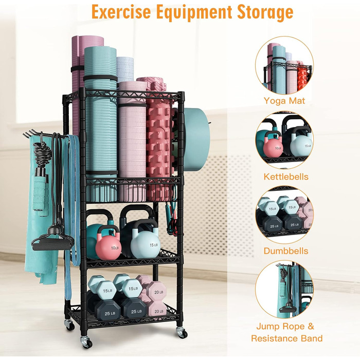 Органайзер для домашнього спортзалу FUTASSI, 3 яруси, з колесами для тренажерів, килимків, ролерів, гантелей, гир та еластичних стрічок, чорний, однорядний