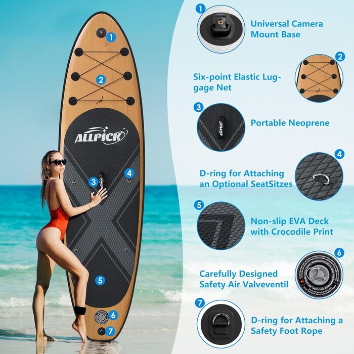 Надувна SUP-дошка ALLPICK Premium 320 см з аксесуарами, універсальним кріпленням для камери, деревне декор, для дітей і дорослих, для початківців і досвідчених, вантажопідйомність 150/180 кг