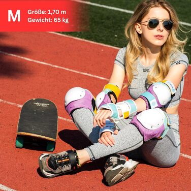 Захисний комплект SKATEWIZ для дорослих і підлітків, 6 предметів, неопренові рукави, для роликів, німецький виробник, наколінники з функцією Locked-In, розмір L, для міцної статури, лаванда/синій/жовтий