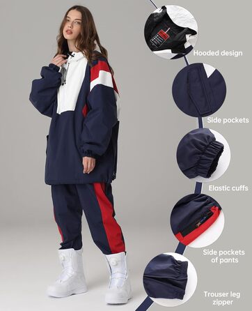 Комбінезон для сноуборду та лижного спорту HOUZONIY: теплий зимовий комбінезон з капюшоном та блискавкою для чоловіків та жінок. Модель T63+Roa (L, T63+Blau)