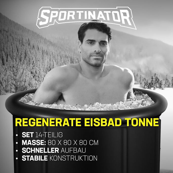 Льодяна ванна SPORTINATOR 400 л, Ø80 см, для холодотерапії та відновлення, 5-шарова, з комплектом аксесуарів, термометром і зливним шлангом, чорна