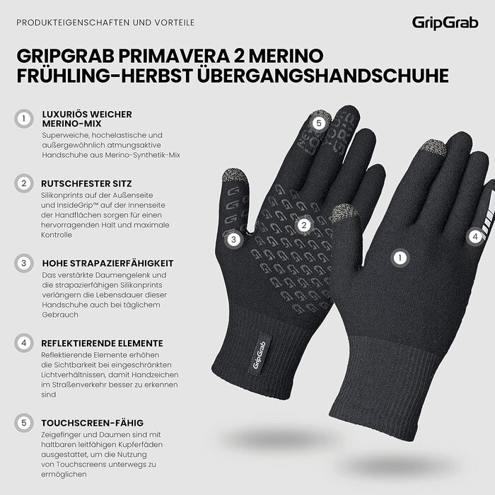 Рукавички велосипедні GripGrab Primavera 2 Merino XL/XXL, чорні - термо, сенсорні, для весни/осені/зими