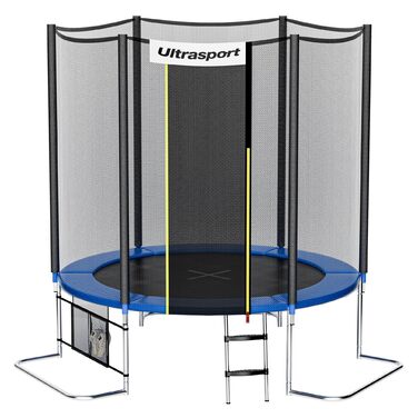 Трамплін Ultrasport SICHERSTE для дітей на відкритому повітрі Ø180/244/305/366/430 см, до 150 кг, з тихою гумовою пружиною, повний комплект з сіткою безпеки, аксесуари, садовий, безпечний (блакитний, Safe 244 см)