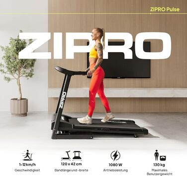 Біговий тренажер ZIPRO для дому, складаний, 1-12 км/год, 15 рівнів нахилу, з LED-дисплеєм, пульсометром