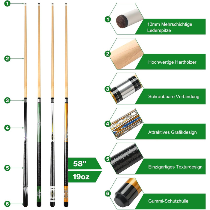 Більярдний кий Pool Queue 58 дюймів, тверде дерево, наконечник 13 мм, для професійних гравців, 1/2 кий, набір 4 шт.