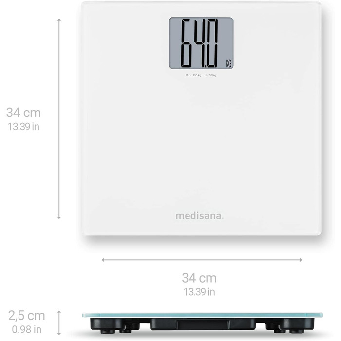 Ваги підлогові Medisana PS 470 XL, електронні, скляні, до 250 кг, автоматичне вимкнення, білі