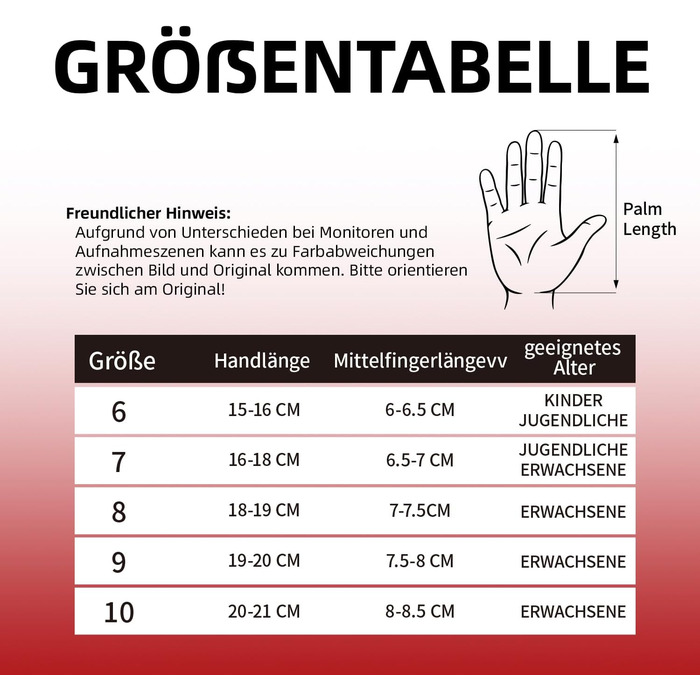 Футбольні воротарські рукавички Torwarthandschuhe для дітей та дорослих, розміри 6-10, червоні