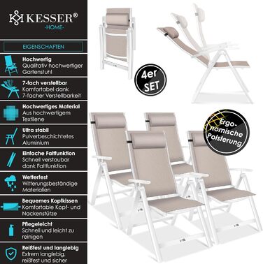 Крісло садове KESSER® з високою спинкою та підлокітниками, розкладне, алюмінієве, з подушкою та чохлом. Регулювання спинки 7 положень, дихаючий матеріал, стійке до погодних умов. 1 шт. (4 шт, бежевий)