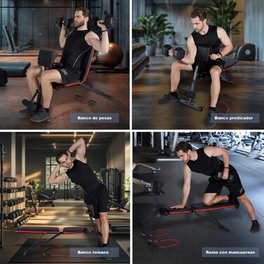 Складана та регульована лавка для тренувань з гантелями, 7 положень, вантажопідйомність 300 кг, з еластичними стрічками та подушкою для біцепса – ідеально для дому