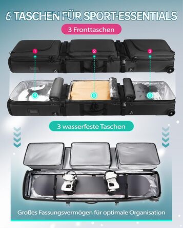 Чохол для сноуборду YOREPEK на колесах, водонепроникний, з кишенями для черевиків, розширюваний, 170 см, для 2 пар лиж/сноуборду, чорний