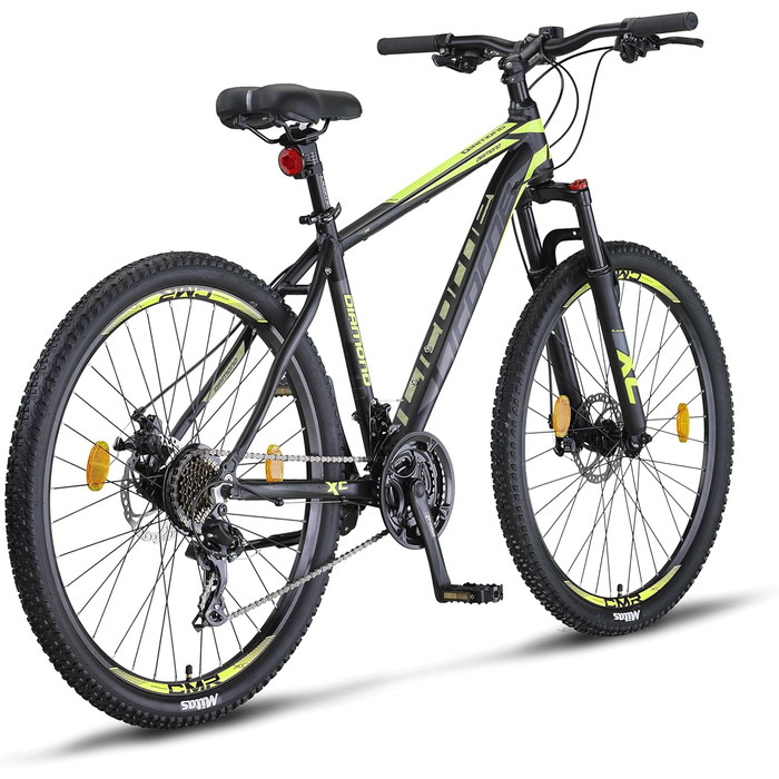 Гірський велосипед Licorne Bike Diamond Premium 27.5'' алюмінієвий, 21 швидкість, дискові гальма, регульована вилка, чорний-лайм, для хлопців, дівчат, чоловіків і жінок