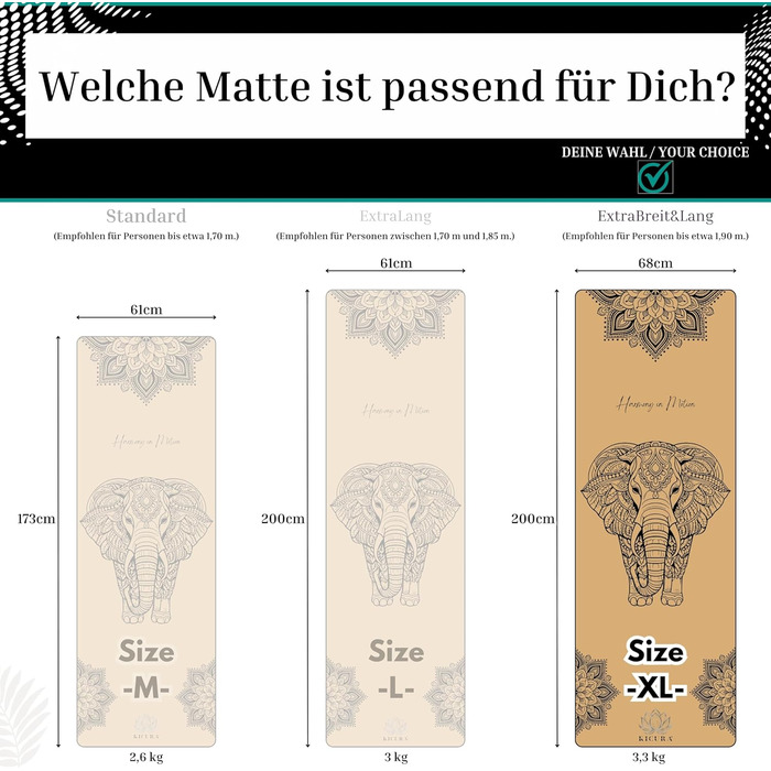 Кікура Йога-мат з корку та натурального каучуку з мотивом слона – Нековзна преміум-мат, 4 мм, з ремінком – Екологічна, 3 розміри (M, L, XL), XL - 200x68x0,4 см