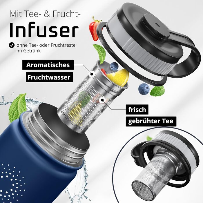 Фляга ACTIVE FLASK з нержавіючої сталі з трубочкою (3 кришки), BPA-free, не протікає, підходить для газованої води - спортивна пляшка, термопляшка, ізотермічна пляшка для води, дитяча пляшка для чаю (680 мл, темно-синій)