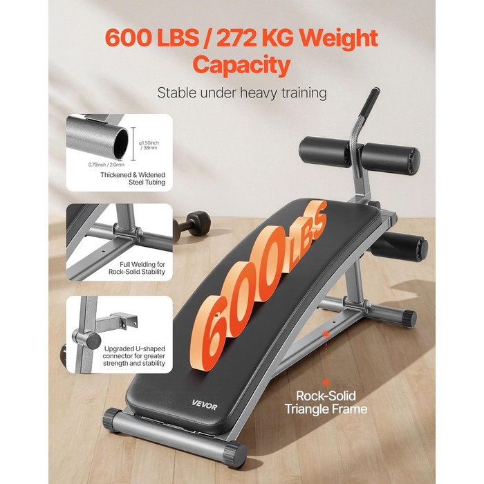 VEVOR Лавка для пресу з перевернутим хватом, регульована висота, міцна сталь, до 227 кг, для фітнесу вдома, силові тренування, розвиток м'язів всього тіла