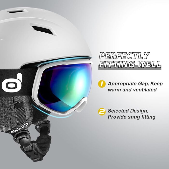 Шолом для лиж та сноуборду з маскою Odoland, білий, 52-55 см, захист UV 400, для жінок та чоловіків