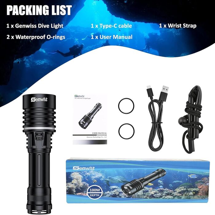 Ліхтар під водою Genwiss 2000 Люмен, IPX8, акумуляторний, для дайвінгу та снорклінгу