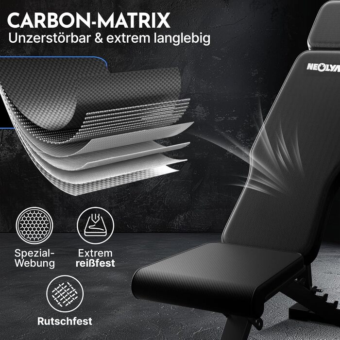 Hantelbank NEOLYMP для дому, до 450 кг, складна та регульована, карбоновий дизайн, 72 положення, з Ebook та доступом до додатку - ідеально для жиму лежачи та силових тренувань