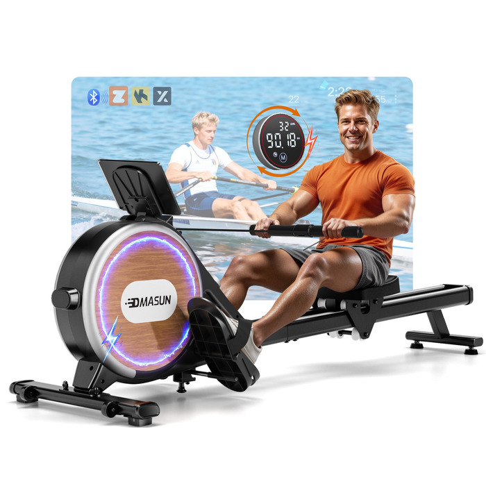 DMASUN Ручний тренажер для дому з магнітним опором, подвійними направляючими, підключенням до APP, 16 рівнів опору, LCD-дисплеєм, для кардіотренувань, до 160 кг, 32-рівнева електрична настройка (мережевий адаптер), дизайн під дерево