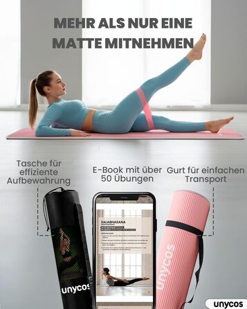 Килимок для йоги Unycos з нековзким покриттям | Щільність 6/10/15 мм, для гімнастики, з ременем для перенесення【вкл. E-Book】Фітнес-килимок для пілатесу, тренувань, гімнастики (#19 Рожевий + Сірий, 183*66*1 см)