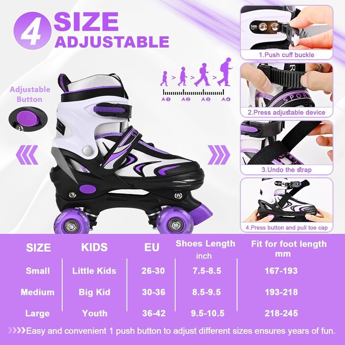 Роликові ковзани дитячі регульовані Duzskj для хлопчиків та дівчаток, фіолетові, 4 розміри