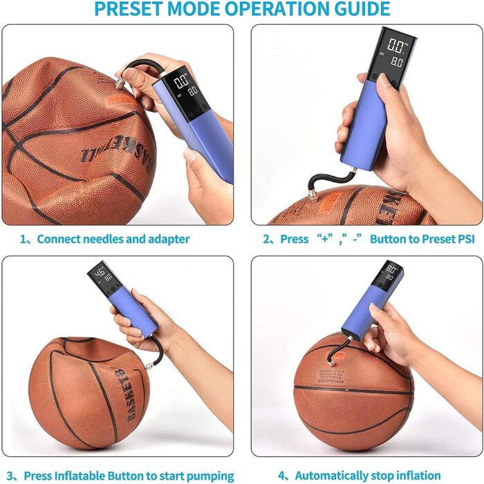 Електричний насос для м'ячів з манометром та LCD-дисплеєм (2 голки, 1 насадка) - для футболу, баскетболу, волейболу, блакитний