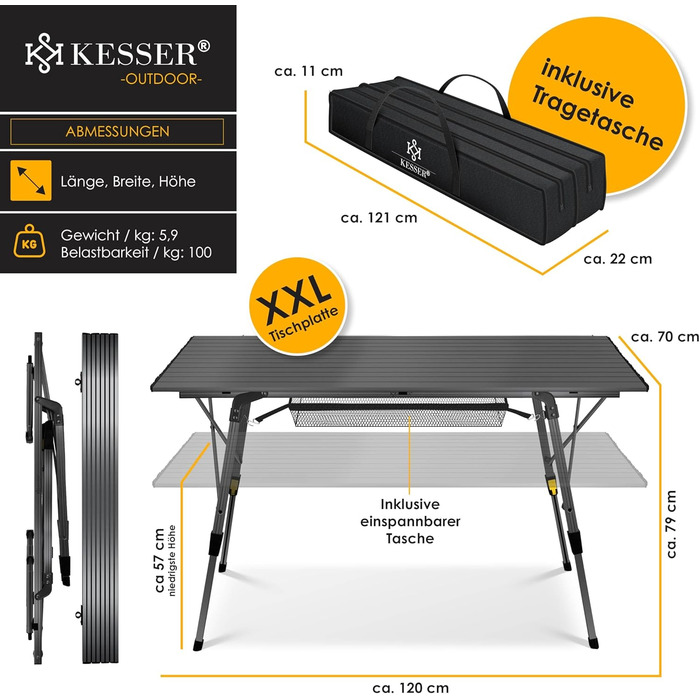 Складний кемпінговий стіл KESSER® 120x70 см, алюмінієвий каркас, антрацит. З сумкою для транспортування