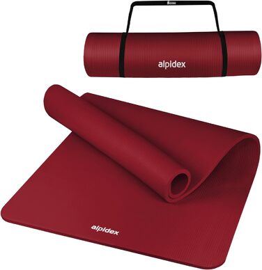 ALPIDEX Килимок для йоги 1,5 см, бордовий, нековзкий, фітнес, гімнастичний, для пілатесу, HIIT, без фталатів, з ременем, 190×100 см