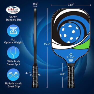 Набір пікбол-ракетки TICCI (2 шт.), схвалені USAPA, легка поверхня з фібергласу, 4 м'ячики, сумка для перенесення, подарунок для чоловіків та жінок