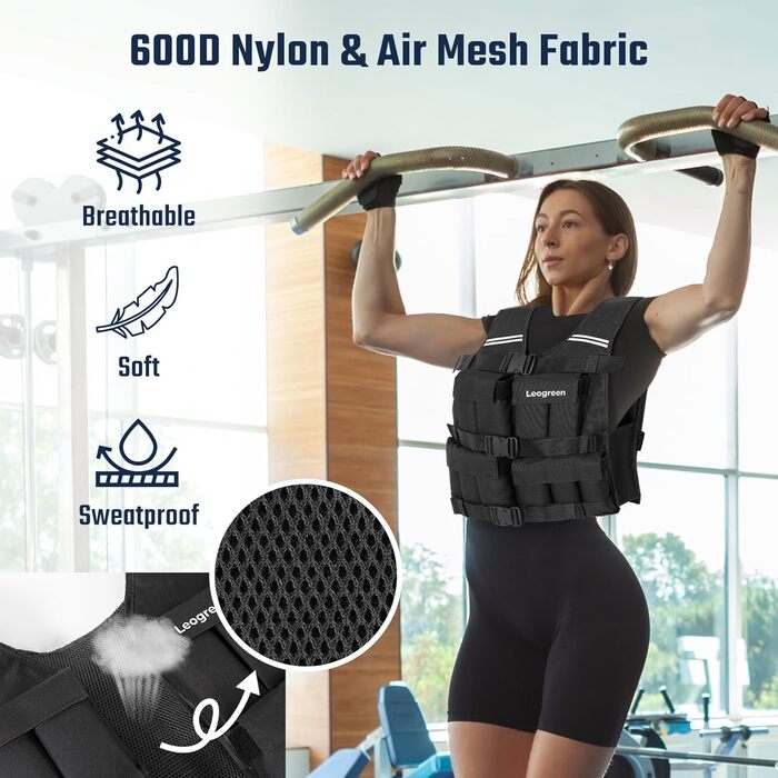 Вага для тренувань Leogreen 10/20 кг, регульована, з 20 знімними вагами, світловідбиваючими смугами, для жінок та чоловіків, біг, силове тренування, чорна