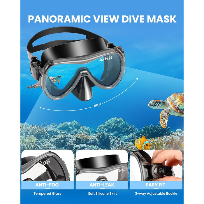 Набір для снорклінгу OutdoorMaster Mobula для дорослих: маска, трубка, ласти. Сірий/Чорний, S/M. Панорамний огляд, антизапарник, суха трубка