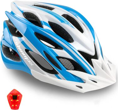 Велосипедний шолом Shinmax з візором і LED-світлом для дорослих, унісекс, для MTB і шосе, знімний, розмір 57-62 см, синьо-білий