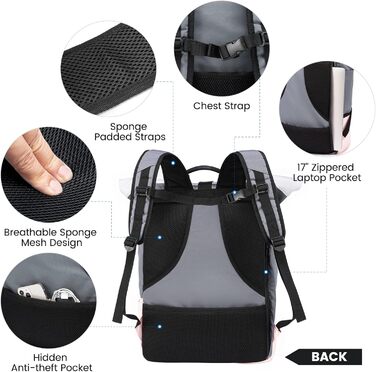 Жіночий водонепроникний рюкзак LOVEVOOK Rolltop з відділенням для взуття та ноутбука 17 дюймів, для подорожей, школи, спорту, сіро-рожевий