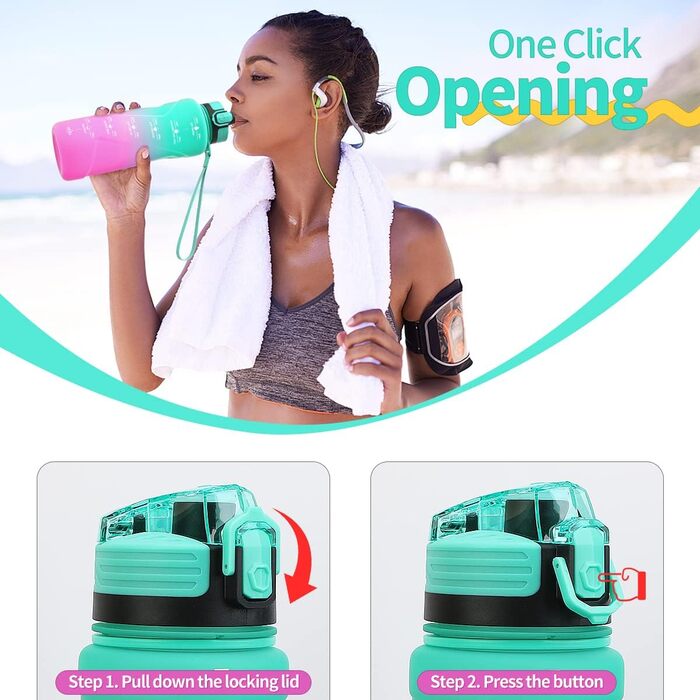 Дитяча спортивна пляшка для води 2л, 1.5л, 1л, 700мл, 500мл. Без витоку, з маркуванням часу. BPA Free Tritan для дівчаток та хлопчиків, школи, спортзалу. Смарагдово-фіолетовий колір.