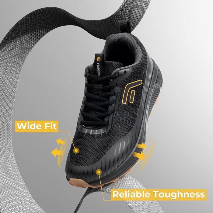 Кросівки для бігу FitVille для чоловіків, широка колодка (EU 50), чорні. Підходять для трейлраннінгу, бігу по дорогах, туризму та фітнесу. Легкі та зручні спортивні кросівки.