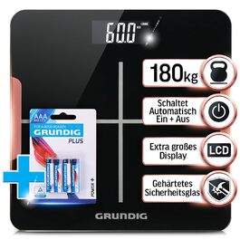 Ваги Grundig для людей: цифрові ваги, до 180 кг, прецизійні сенсори, LCD дисплей, чорний колір (з батарейками)