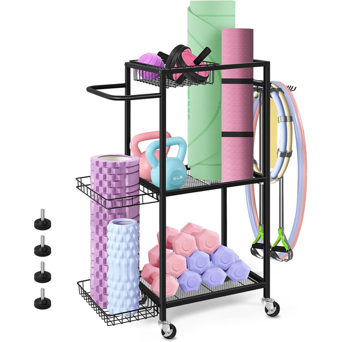 Стійка для зберігання спортивного обладнання Smusei: 3 яруси, металева, з роликами та 8 гачками. Підходить для йог-матів, гантелей, гир, кульок та іншого. Чорний колір.
