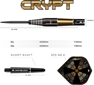 Набір дротиків Mission Darts Crypt 90% вольфрам, чорні та золоті, PVD-покриття, сталевий наконечник, різні стилі та ваги
