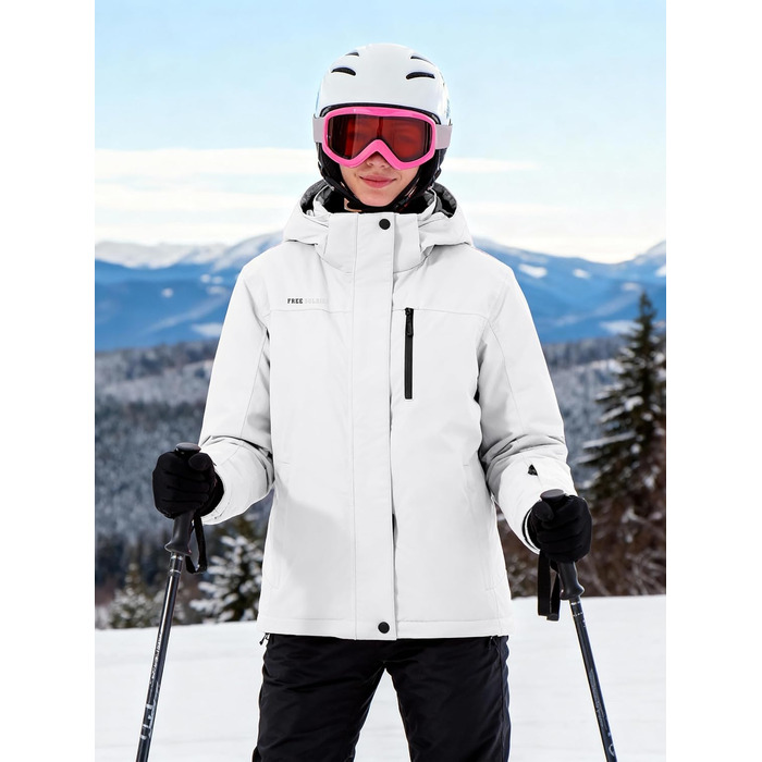 Жіноча водонепроникна куртка для сноубордингу та лижного спорту FREE SOLDIER з флісовою підкладкою, тепла зимова куртка з капюшоном, повністю проклеєні шви (XXL, Білий/Ошатний сад)