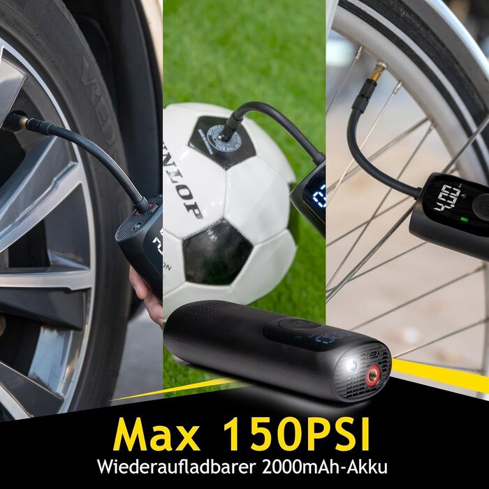 Електричний компресор Dunlop 150PSI, USB-C, велосипедний насос для всіх вентилів, насос для м'ячів, 10 Бар з манометром, пластиковий, чорний