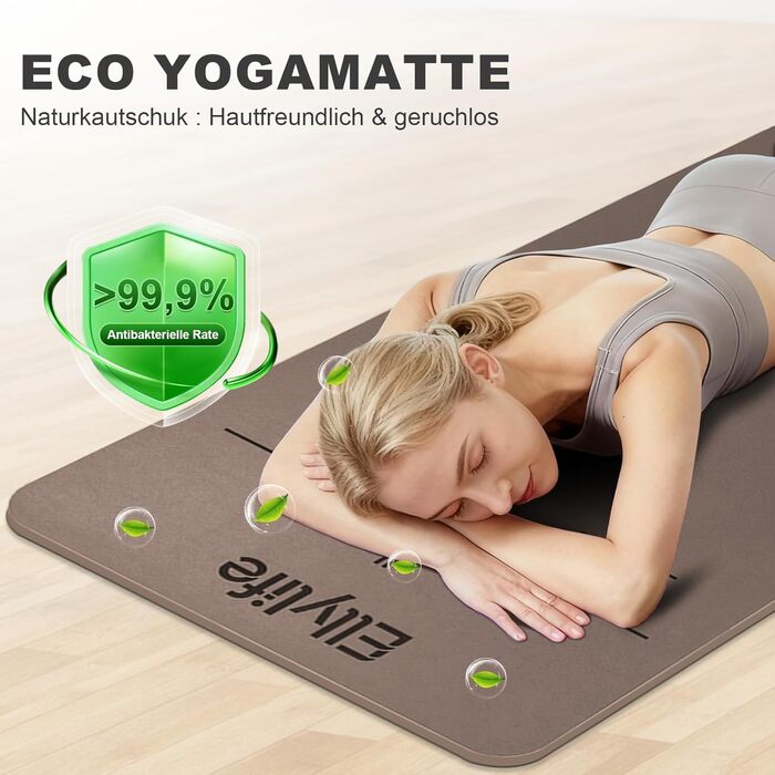 Килимок для йоги та пілатеса з еко-каучуку та TPE, протиковзкий, з лініями розмітки та ременем для перенесення, коричневий, 4мм