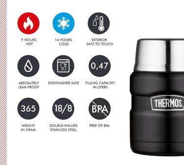 Термос STAINLESS KING для їжі чорний матовий 0,47л - нержавіюча сталь, герметичний, зберігає тепло 9 годин та холод 14 годин, з відкидним ложкою, BPA-free